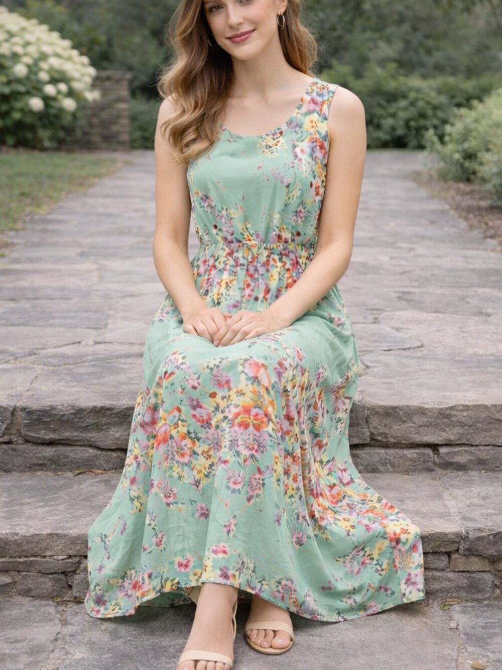 Floral Maxi Dress Sleeveless A Line Cottagecore Romantic Feminine Green - Picture 2 of 5